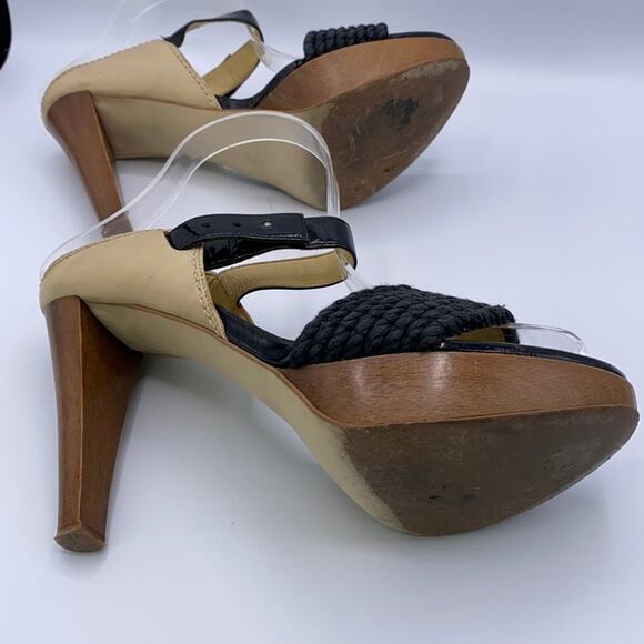 Stella McCartney Black & Tan Woven Platform Sandals 36 Wooden Heel Ankle Straps - Picture 9 of 12